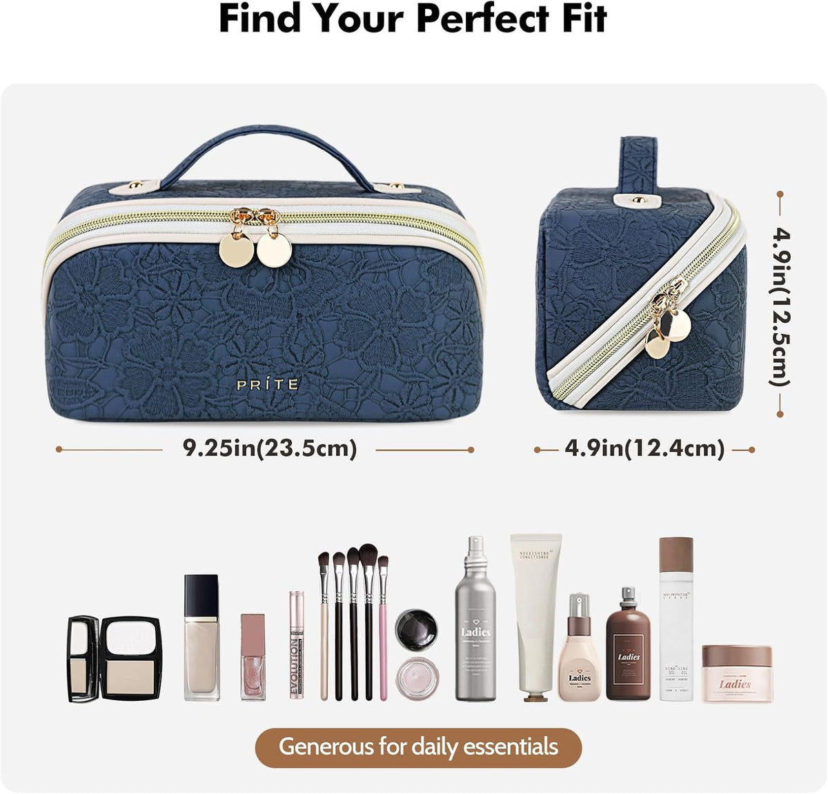 Makeup Bag Travel Toiletry Bag Open Flat Cosmetic Organizer for Women | Clear Divider, 2 Compartments, Waterproof, Vegan Leather, Elastic Slot, Handle, Lightweight, Large Capacity, Easy Clean