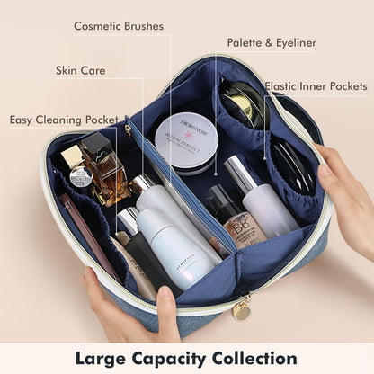 Makeup Bag Travel Toiletry Bag Open Flat Cosmetic Organizer for Women | Clear Divider, 2 Compartments, Waterproof, Vegan Leather, Elastic Slot, Handle, Lightweight, Large Capacity, Easy Clean