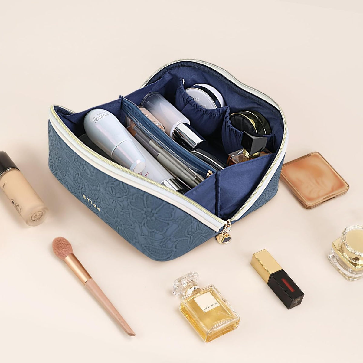 Makeup Bag Travel Toiletry Bag Open Flat Cosmetic Organizer for Women | Clear Divider, 2 Compartments, Waterproof, Vegan Leather, Elastic Slot, Handle, Lightweight, Large Capacity, Easy Clean