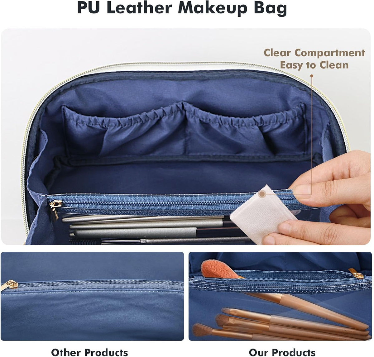 Makeup Bag Travel Toiletry Bag Open Flat Cosmetic Organizer for Women | Clear Divider, 2 Compartments, Waterproof, Vegan Leather, Elastic Slot, Handle, Lightweight, Large Capacity, Easy Clean