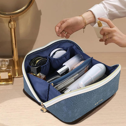 Makeup Bag Travel Toiletry Bag Open Flat Cosmetic Organizer for Women | Clear Divider, 2 Compartments, Waterproof, Vegan Leather, Elastic Slot, Handle, Lightweight, Large Capacity, Easy Clean
