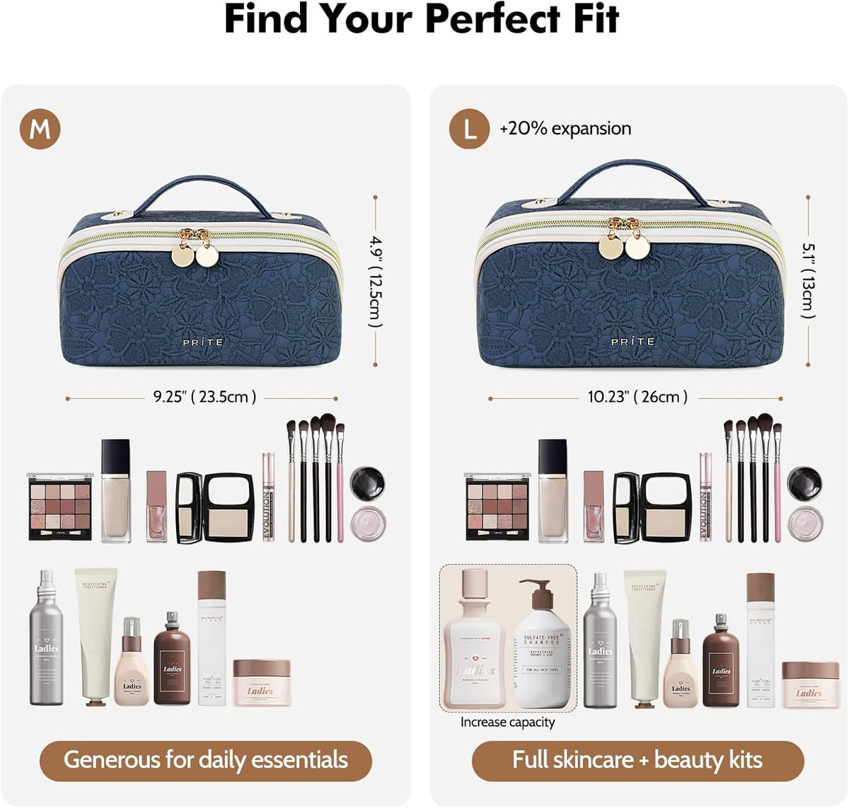 Makeup Bag Travel Toiletry Bag Open Flat Cosmetic Organizer for Women | Clear Divider, 2 Compartments, Waterproof, Vegan Leather, Elastic Slot, Handle, Lightweight, Large Capacity, Easy Clean