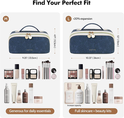 Makeup Bag Travel Toiletry Bag Open Flat Cosmetic Organizer for Women | Clear Divider, 2 Compartments, Waterproof, Vegan Leather, Elastic Slot, Handle, Lightweight, Large Capacity, Easy Clean