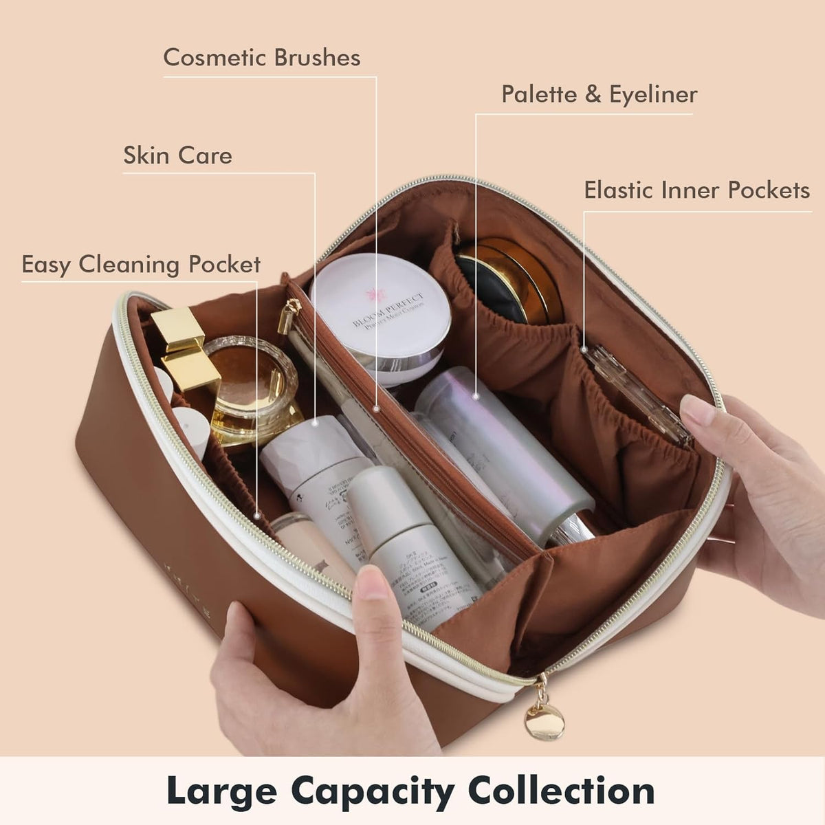 Makeup Bag Travel Toiletry Bag Open Flat Cosmetic Organizer for Women | Clear Divider, 2 Compartments, Waterproof, Vegan Leather, Elastic Slot, Handle, Lightweight, Large Capacity, Easy Clean