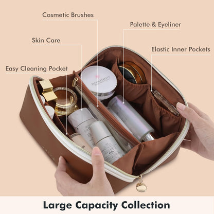 Makeup Bag Travel Toiletry Bag Open Flat Cosmetic Organizer for Women | Clear Divider, 2 Compartments, Waterproof, Vegan Leather, Elastic Slot, Handle, Lightweight, Large Capacity, Easy Clean