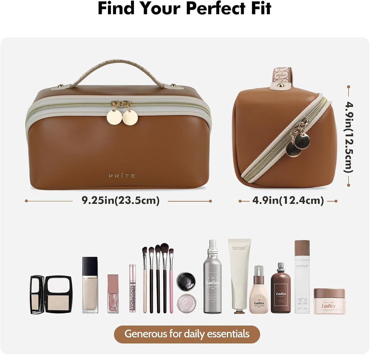 Makeup Bag Travel Toiletry Bag Open Flat Cosmetic Organizer for Women | Clear Divider, 2 Compartments, Waterproof, Vegan Leather, Elastic Slot, Handle, Lightweight, Large Capacity, Easy Clean