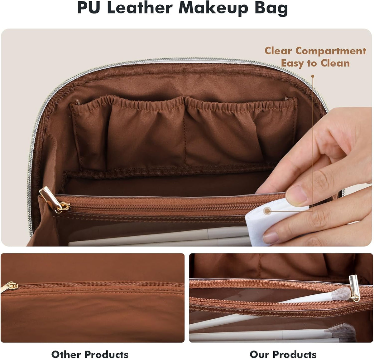 Makeup Bag Travel Toiletry Bag Open Flat Cosmetic Organizer for Women | Clear Divider, 2 Compartments, Waterproof, Vegan Leather, Elastic Slot, Handle, Lightweight, Large Capacity, Easy Clean