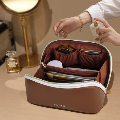 Makeup Bag Travel Toiletry Bag Open Flat Cosmetic Organizer for Women | Clear Divider, 2 Compartments, Waterproof, Vegan Leather, Elastic Slot, Handle, Lightweight, Large Capacity, Easy Clean
