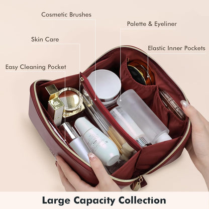 Makeup Bag Travel Toiletry Bag Open Flat Cosmetic Organizer for Women | Clear Divider, 2 Compartments, Waterproof, Vegan Leather, Elastic Slot, Handle, Lightweight, Large Capacity, Easy Clean