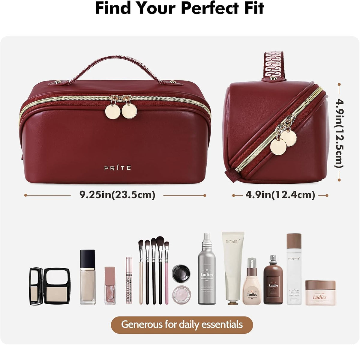 Makeup Bag Travel Toiletry Bag Open Flat Cosmetic Organizer for Women | Clear Divider, 2 Compartments, Waterproof, Vegan Leather, Elastic Slot, Handle, Lightweight, Large Capacity, Easy Clean