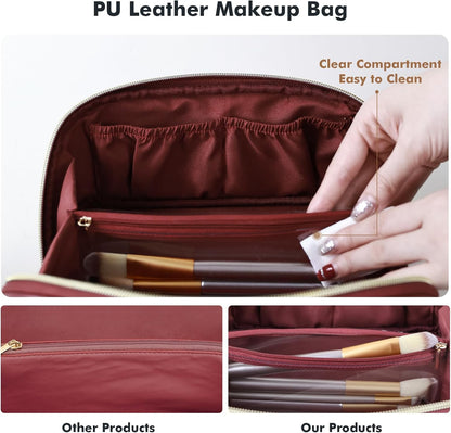 Makeup Bag Travel Toiletry Bag Open Flat Cosmetic Organizer for Women | Clear Divider, 2 Compartments, Waterproof, Vegan Leather, Elastic Slot, Handle, Lightweight, Large Capacity, Easy Clean