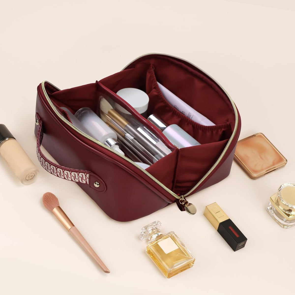 Makeup Bag Travel Toiletry Bag Open Flat Cosmetic Organizer for Women | Clear Divider, 2 Compartments, Waterproof, Vegan Leather, Elastic Slot, Handle, Lightweight, Large Capacity, Easy Clean
