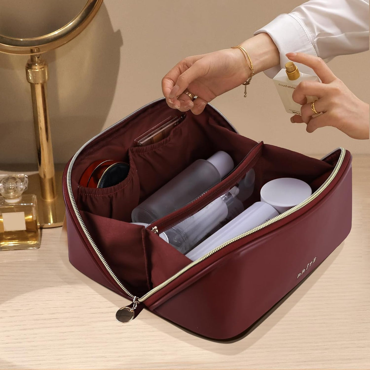 Makeup Bag Travel Toiletry Bag Open Flat Cosmetic Organizer for Women | Clear Divider, 2 Compartments, Waterproof, Vegan Leather, Elastic Slot, Handle, Lightweight, Large Capacity, Easy Clean