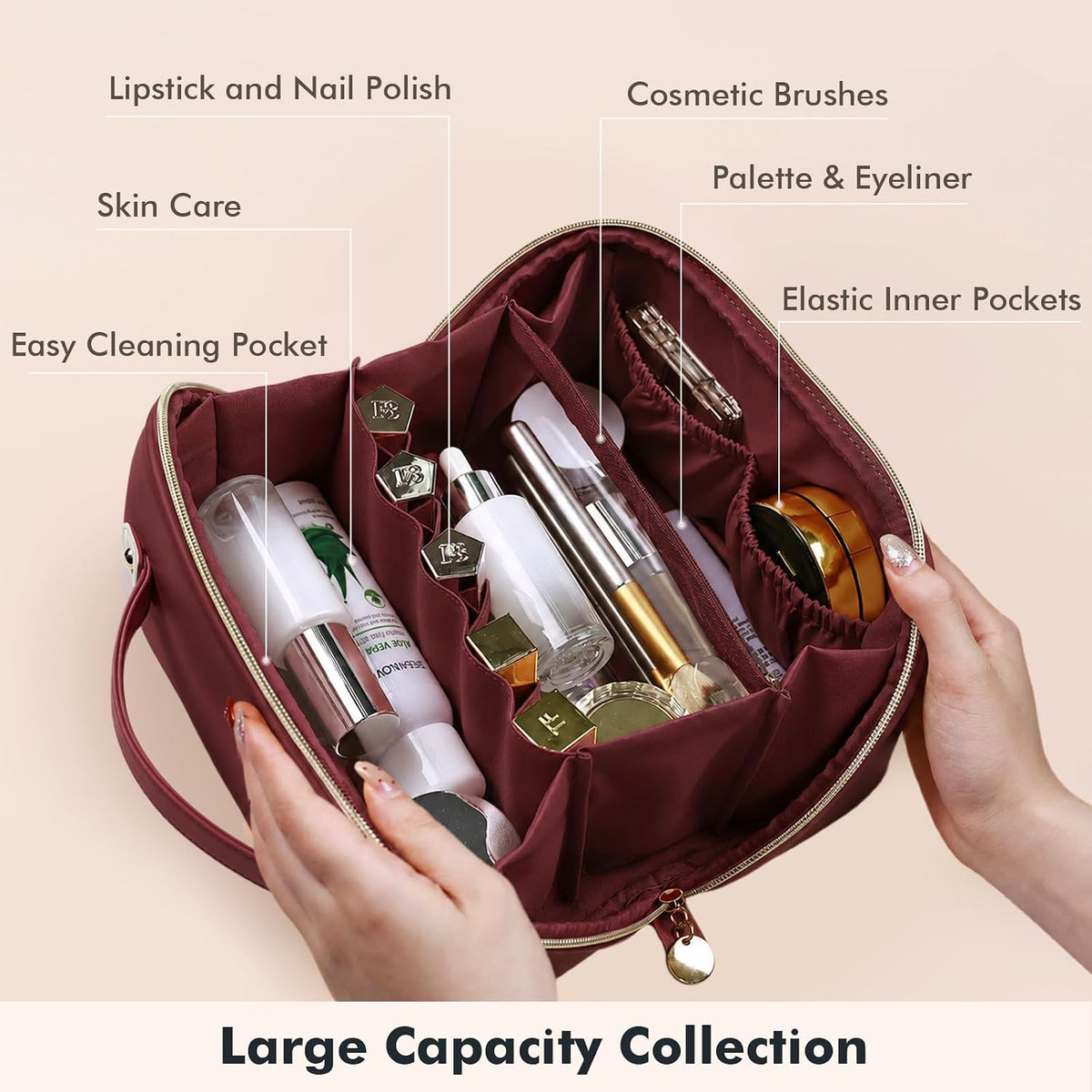 Makeup Bag Travel Toiletry Bag Open Flat Cosmetic Organizer for Women | Clear Divider, 2 Compartments, Waterproof, Vegan Leather, Elastic Slot, Handle, Lightweight, Large Capacity, Easy Clean