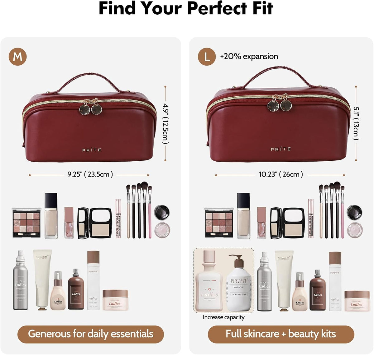 Makeup Bag Travel Toiletry Bag Open Flat Cosmetic Organizer for Women | Clear Divider, 2 Compartments, Waterproof, Vegan Leather, Elastic Slot, Handle, Lightweight, Large Capacity, Easy Clean