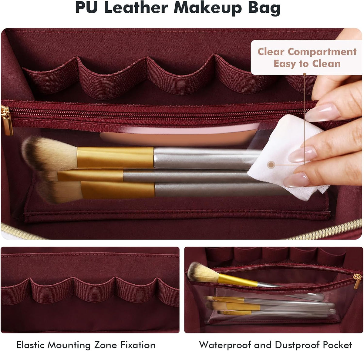 Makeup Bag Travel Toiletry Bag Open Flat Cosmetic Organizer for Women | Clear Divider, 2 Compartments, Waterproof, Vegan Leather, Elastic Slot, Handle, Lightweight, Large Capacity, Easy Clean