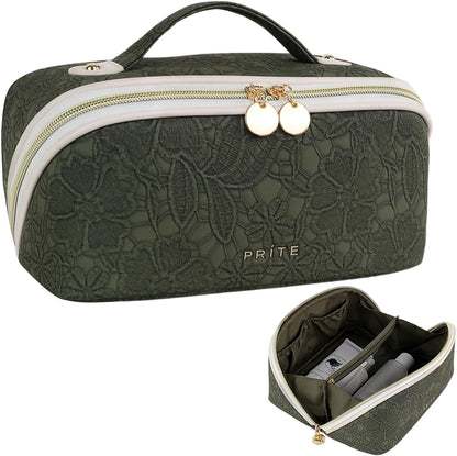 Makeup Bag Travel Toiletry Bag Open Flat Cosmetic Organizer for Women | Clear Divider, 2 Compartments, Waterproof, Vegan Leather, Elastic Slot, Handle, Lightweight, Large Capacity, Easy Clean