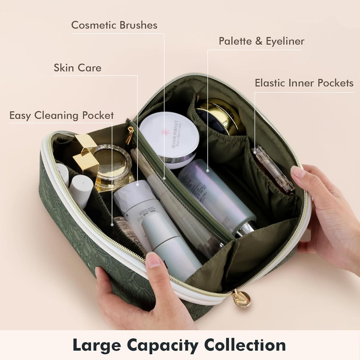 Makeup Bag Travel Toiletry Bag Open Flat Cosmetic Organizer for Women | Clear Divider, 2 Compartments, Waterproof, Vegan Leather, Elastic Slot, Handle, Lightweight, Large Capacity, Easy Clean