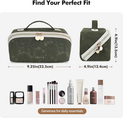 Makeup Bag Travel Toiletry Bag Open Flat Cosmetic Organizer for Women | Clear Divider, 2 Compartments, Waterproof, Vegan Leather, Elastic Slot, Handle, Lightweight, Large Capacity, Easy Clean