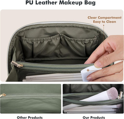 Makeup Bag Travel Toiletry Bag Open Flat Cosmetic Organizer for Women | Clear Divider, 2 Compartments, Waterproof, Vegan Leather, Elastic Slot, Handle, Lightweight, Large Capacity, Easy Clean