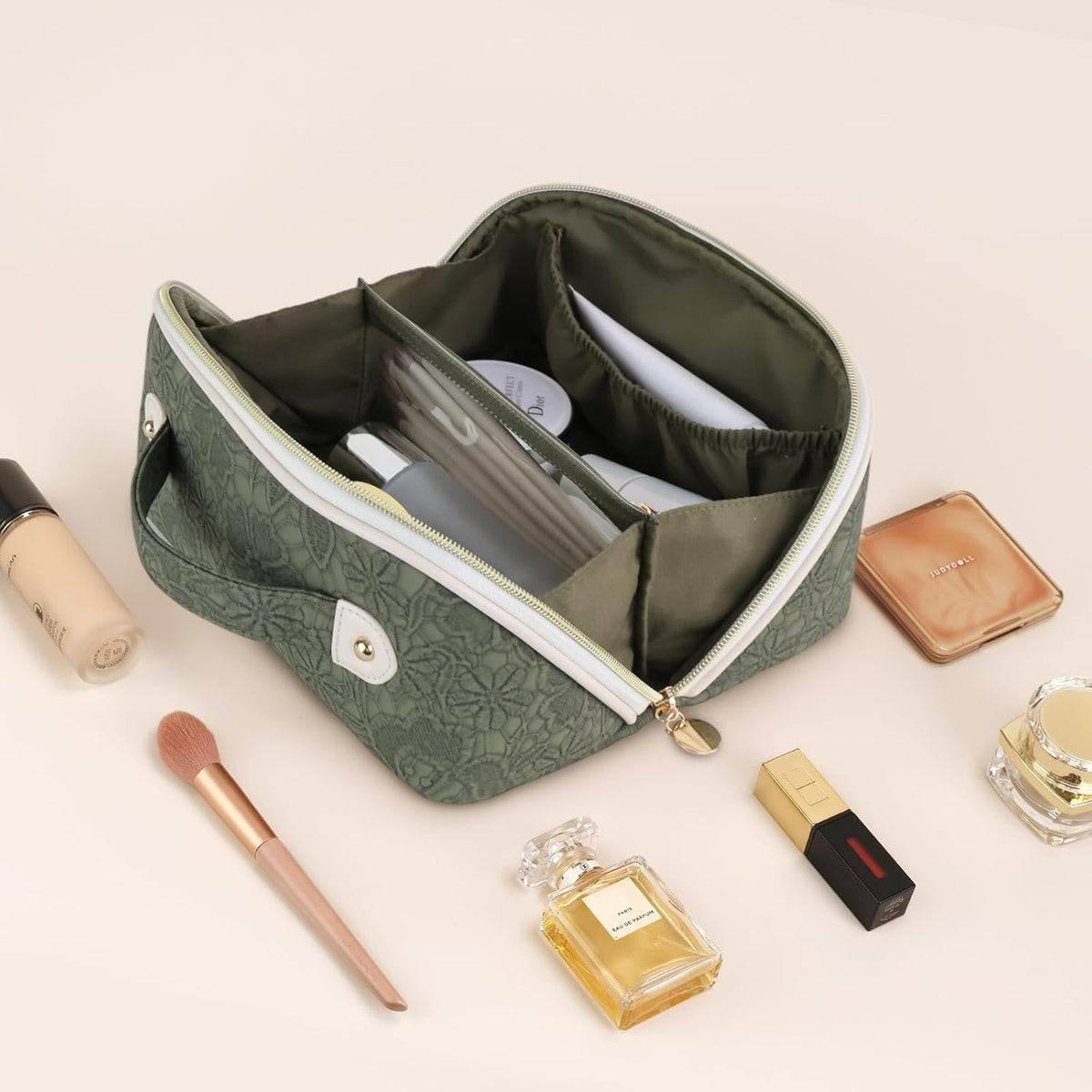 Makeup Bag Travel Toiletry Bag Open Flat Cosmetic Organizer for Women | Clear Divider, 2 Compartments, Waterproof, Vegan Leather, Elastic Slot, Handle, Lightweight, Large Capacity, Easy Clean