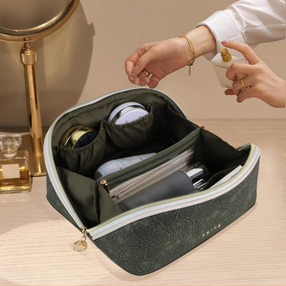 Makeup Bag Travel Toiletry Bag Open Flat Cosmetic Organizer for Women | Clear Divider, 2 Compartments, Waterproof, Vegan Leather, Elastic Slot, Handle, Lightweight, Large Capacity, Easy Clean