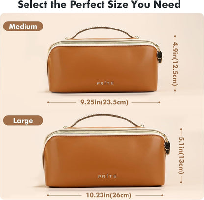 Makeup Bag Travel Toiletry Bag Open Flat Cosmetic Organizer for Women | Clear Divider, 2 Compartments, Waterproof, Vegan Leather, Elastic Slot, Handle, Lightweight, Large Capacity, Easy Clean