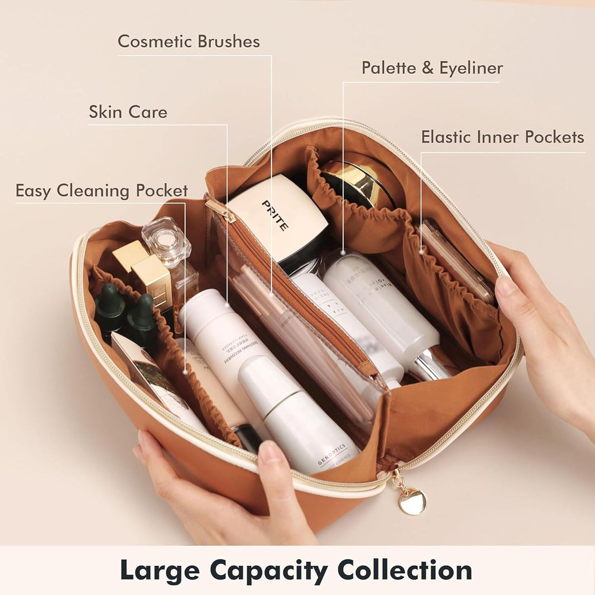 Makeup Bag Travel Toiletry Bag Open Flat Cosmetic Organizer for Women | Clear Divider, 2 Compartments, Waterproof, Vegan Leather, Elastic Slot, Handle, Lightweight, Large Capacity, Easy Clean
