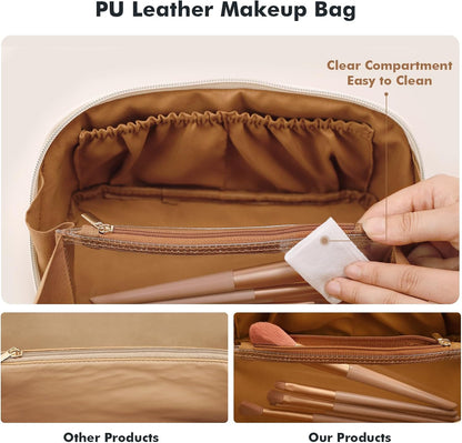 Makeup Bag Travel Toiletry Bag Open Flat Cosmetic Organizer for Women | Clear Divider, 2 Compartments, Waterproof, Vegan Leather, Elastic Slot, Handle, Lightweight, Large Capacity, Easy Clean