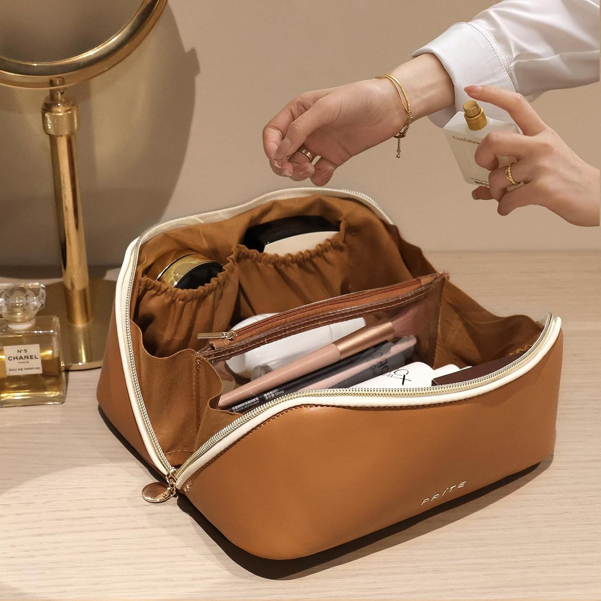 Makeup Bag Travel Toiletry Bag Open Flat Cosmetic Organizer for Women | Clear Divider, 2 Compartments, Waterproof, Vegan Leather, Elastic Slot, Handle, Lightweight, Large Capacity, Easy Clean