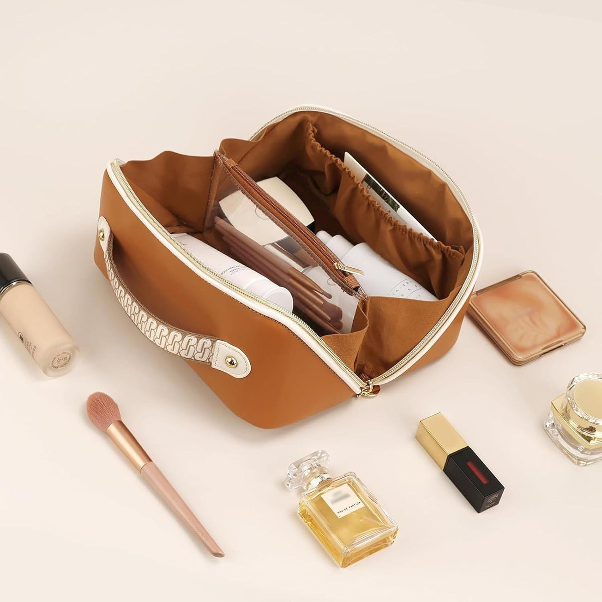 Makeup Bag Travel Toiletry Bag Open Flat Cosmetic Organizer for Women | Clear Divider, 2 Compartments, Waterproof, Vegan Leather, Elastic Slot, Handle, Lightweight, Large Capacity, Easy Clean