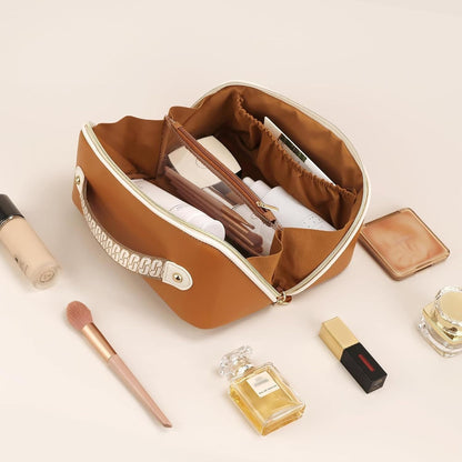 Makeup Bag Travel Toiletry Bag Open Flat Cosmetic Organizer for Women | Clear Divider, 2 Compartments, Waterproof, Vegan Leather, Elastic Slot, Handle, Lightweight, Large Capacity, Easy Clean
