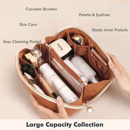 Makeup Bag Travel Toiletry Bag Open Flat Cosmetic Organizer for Women | Clear Divider, 2 Compartments, Waterproof, Vegan Leather, Elastic Slot, Handle, Lightweight, Large Capacity, Easy Clean