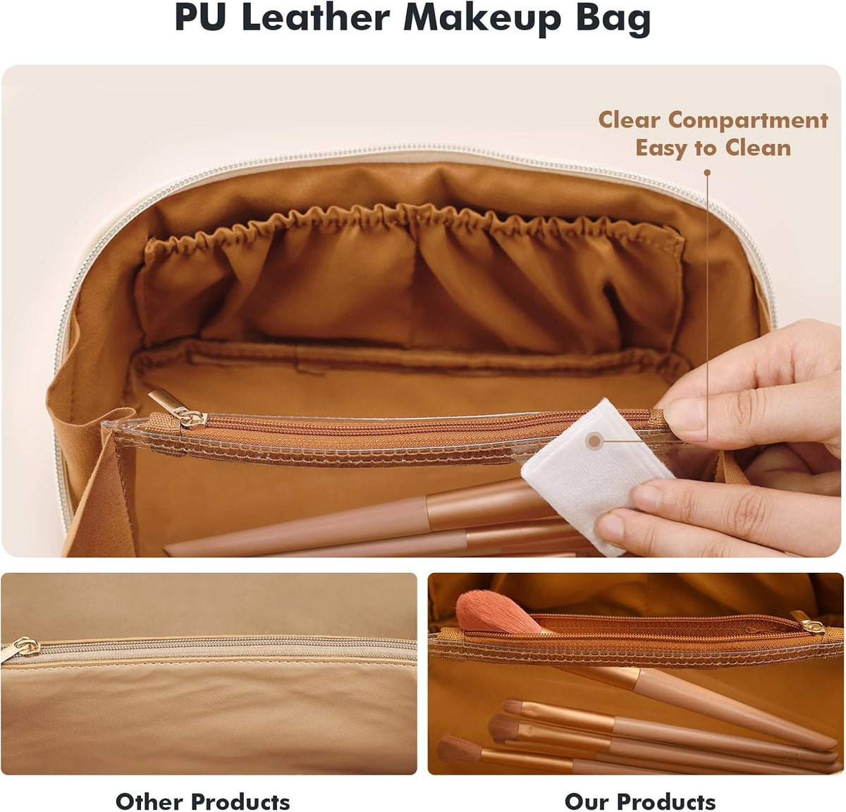 Makeup Bag Travel Toiletry Bag Open Flat Cosmetic Organizer for Women | Clear Divider, 2 Compartments, Waterproof, Vegan Leather, Elastic Slot, Handle, Lightweight, Large Capacity, Easy Clean