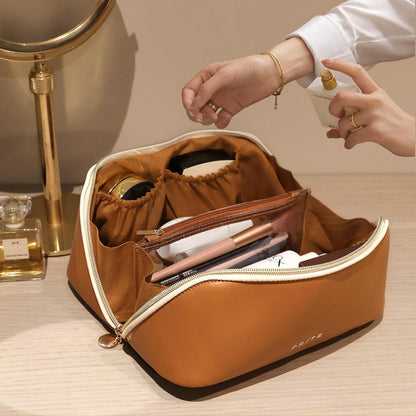 Makeup Bag Travel Toiletry Bag Open Flat Cosmetic Organizer for Women | Clear Divider, 2 Compartments, Waterproof, Vegan Leather, Elastic Slot, Handle, Lightweight, Large Capacity, Easy Clean