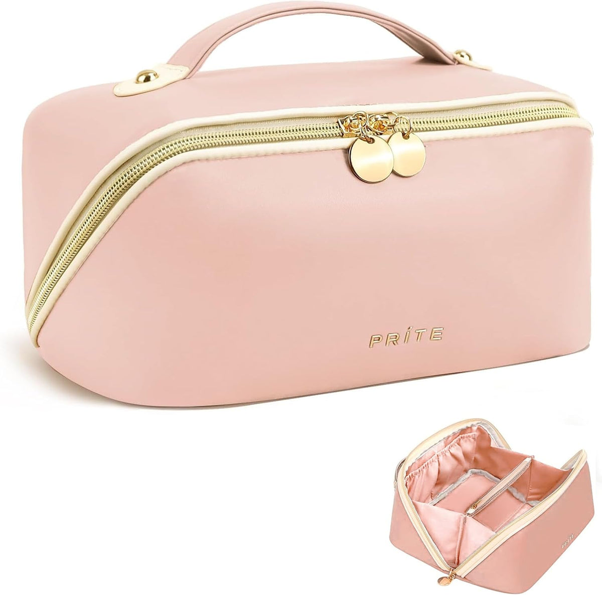 Makeup Bag Travel Toiletry Bag Open Flat Cosmetic Organizer for Women | Clear Divider, 2 Compartments, Waterproof, Vegan Leather, Elastic Slot, Handle, Lightweight, Large Capacity, Easy Clean