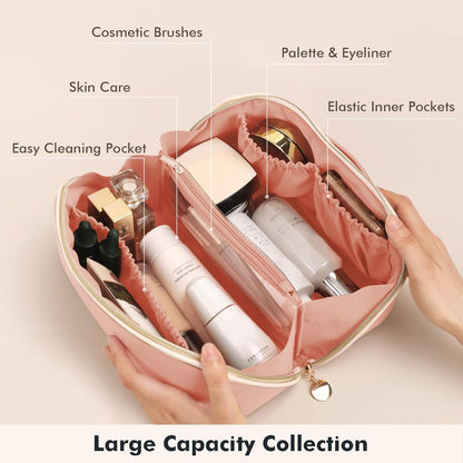 Makeup Bag Travel Toiletry Bag Open Flat Cosmetic Organizer for Women | Clear Divider, 2 Compartments, Waterproof, Vegan Leather, Elastic Slot, Handle, Lightweight, Large Capacity, Easy Clean