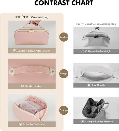 Makeup Bag Travel Toiletry Bag Open Flat Cosmetic Organizer for Women | Clear Divider, 2 Compartments, Waterproof, Vegan Leather, Elastic Slot, Handle, Lightweight, Large Capacity, Easy Clean