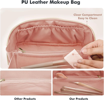Makeup Bag Travel Toiletry Bag Open Flat Cosmetic Organizer for Women | Clear Divider, 2 Compartments, Waterproof, Vegan Leather, Elastic Slot, Handle, Lightweight, Large Capacity, Easy Clean
