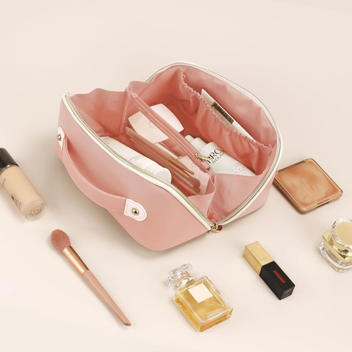 Makeup Bag Travel Toiletry Bag Open Flat Cosmetic Organizer for Women | Clear Divider, 2 Compartments, Waterproof, Vegan Leather, Elastic Slot, Handle, Lightweight, Large Capacity, Easy Clean