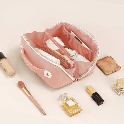 Makeup Bag Travel Toiletry Bag Open Flat Cosmetic Organizer for Women | Clear Divider, 2 Compartments, Waterproof, Vegan Leather, Elastic Slot, Handle, Lightweight, Large Capacity, Easy Clean