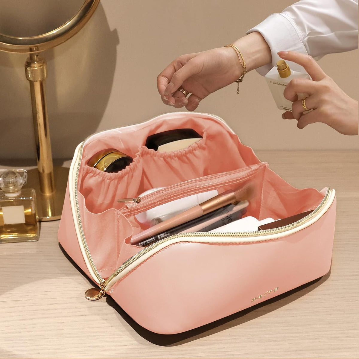 Makeup Bag Travel Toiletry Bag Open Flat Cosmetic Organizer for Women | Clear Divider, 2 Compartments, Waterproof, Vegan Leather, Elastic Slot, Handle, Lightweight, Large Capacity, Easy Clean
