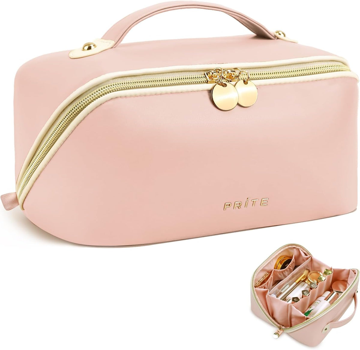 Makeup Bag Travel Toiletry Bag Open Flat Cosmetic Organizer for Women | Clear Divider, 2 Compartments, Waterproof, Vegan Leather, Elastic Slot, Handle, Lightweight, Large Capacity, Easy Clean