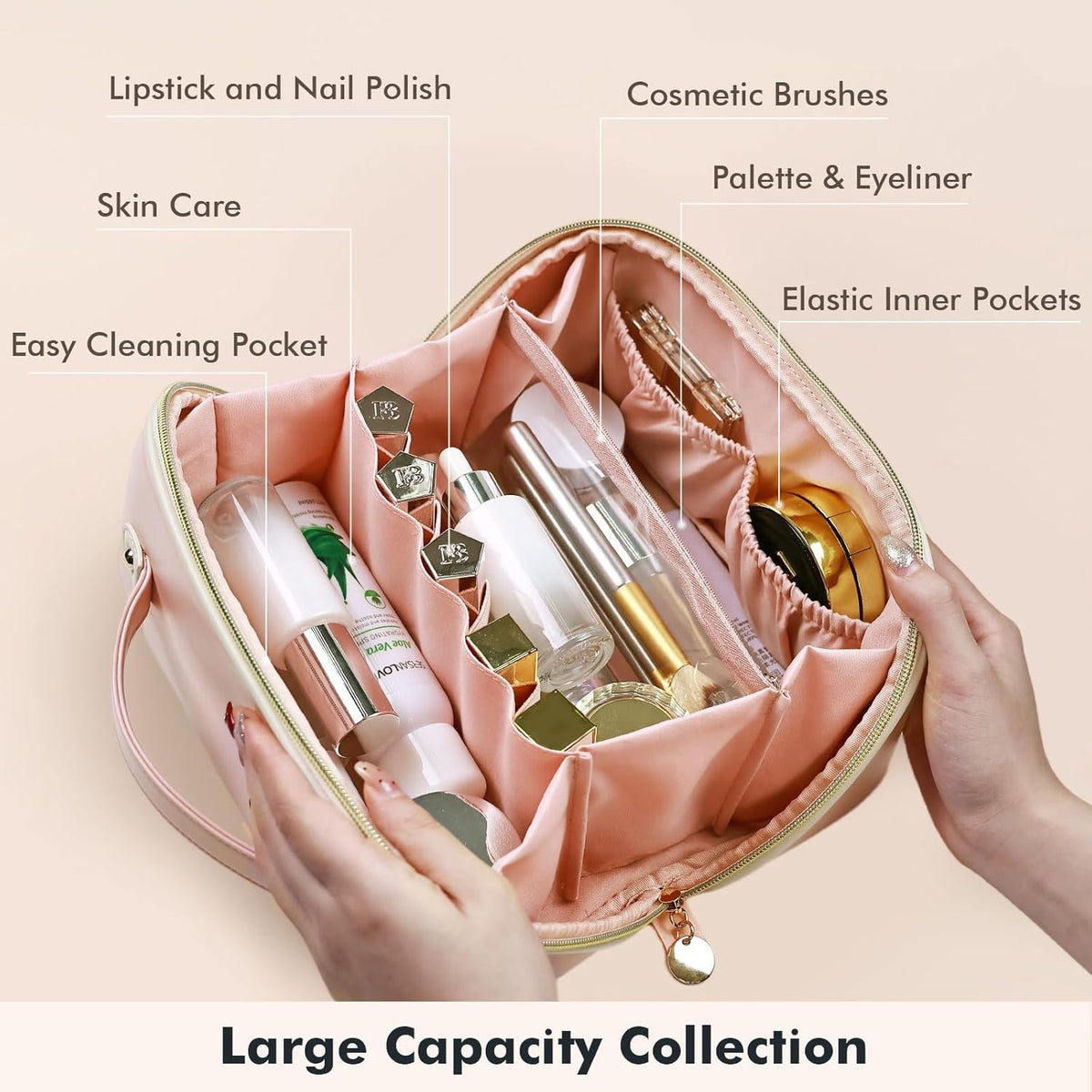 Makeup Bag Travel Toiletry Bag Open Flat Cosmetic Organizer for Women | Clear Divider, 2 Compartments, Waterproof, Vegan Leather, Elastic Slot, Handle, Lightweight, Large Capacity, Easy Clean