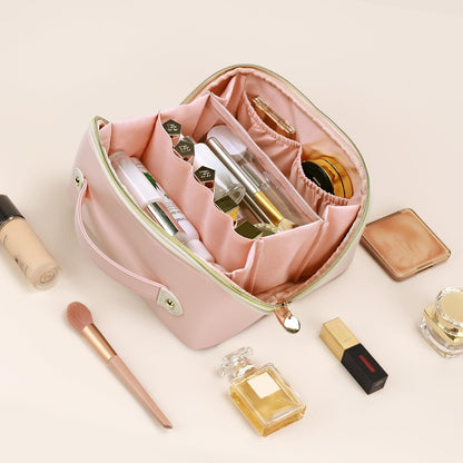 Makeup Bag Travel Toiletry Bag Open Flat Cosmetic Organizer for Women | Clear Divider, 2 Compartments, Waterproof, Vegan Leather, Elastic Slot, Handle, Lightweight, Large Capacity, Easy Clean