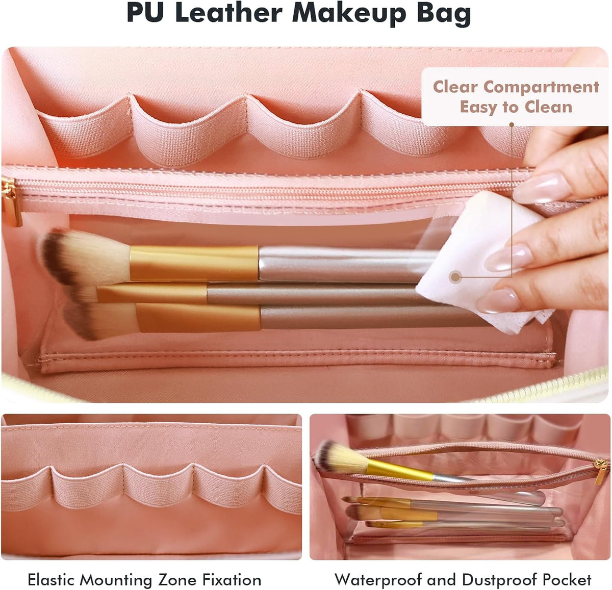 Makeup Bag Travel Toiletry Bag Open Flat Cosmetic Organizer for Women | Clear Divider, 2 Compartments, Waterproof, Vegan Leather, Elastic Slot, Handle, Lightweight, Large Capacity, Easy Clean