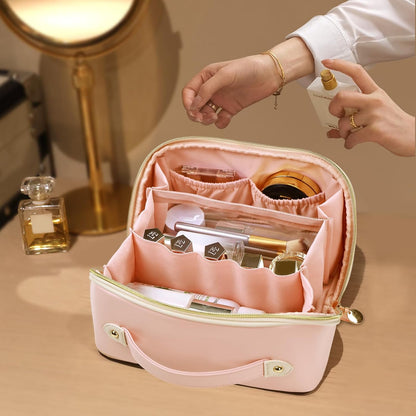 Makeup Bag Travel Toiletry Bag Open Flat Cosmetic Organizer for Women | Clear Divider, 2 Compartments, Waterproof, Vegan Leather, Elastic Slot, Handle, Lightweight, Large Capacity, Easy Clean