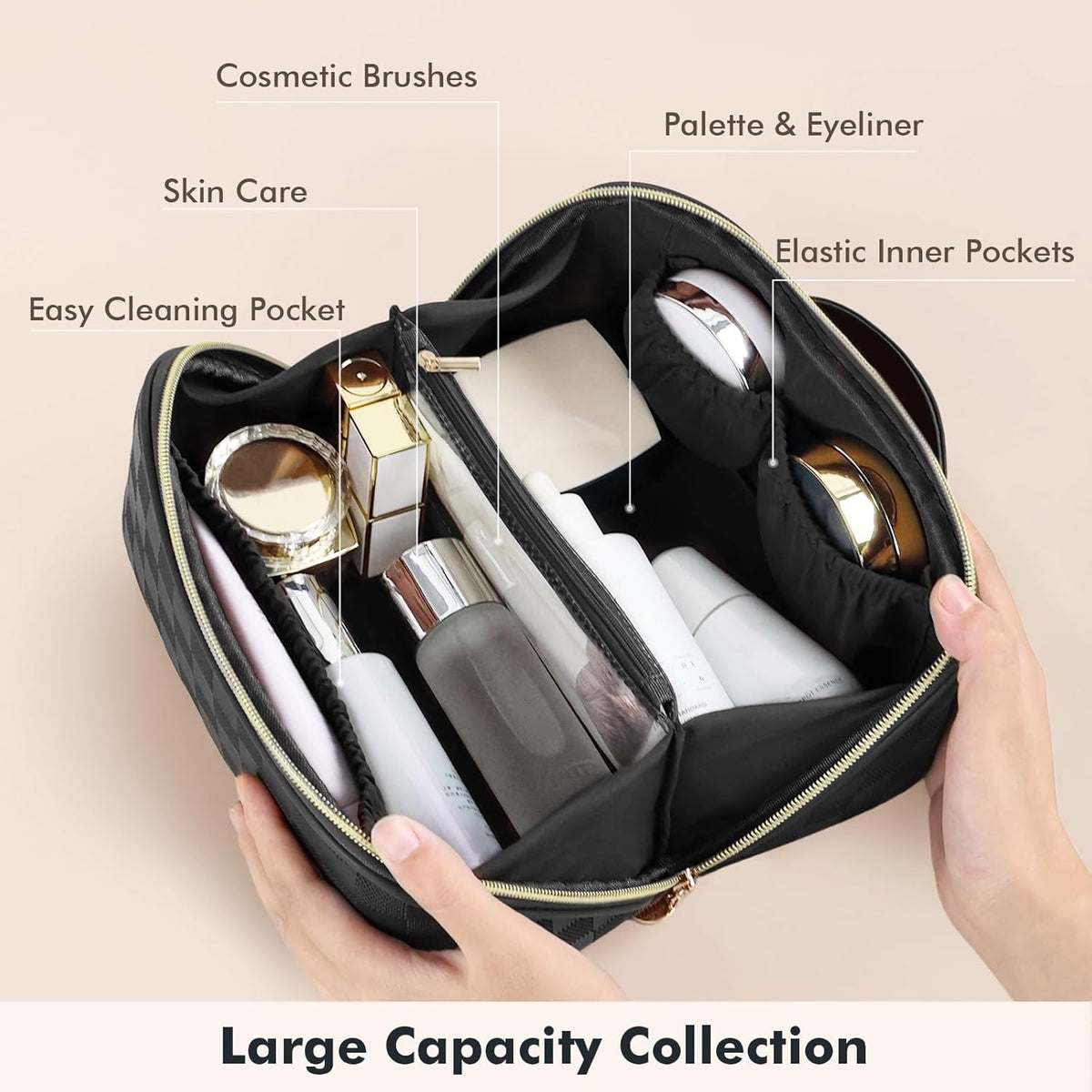 Makeup Bag Travel Toiletry Bag Open Flat Cosmetic Organizer for Women | Clear Divider, 2 Compartments, Waterproof, Vegan Leather, Elastic Slot, Handle, Lightweight, Large Capacity, Easy Clean