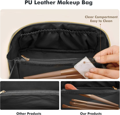 Makeup Bag Travel Toiletry Bag Open Flat Cosmetic Organizer for Women | Clear Divider, 2 Compartments, Waterproof, Vegan Leather, Elastic Slot, Handle, Lightweight, Large Capacity, Easy Clean