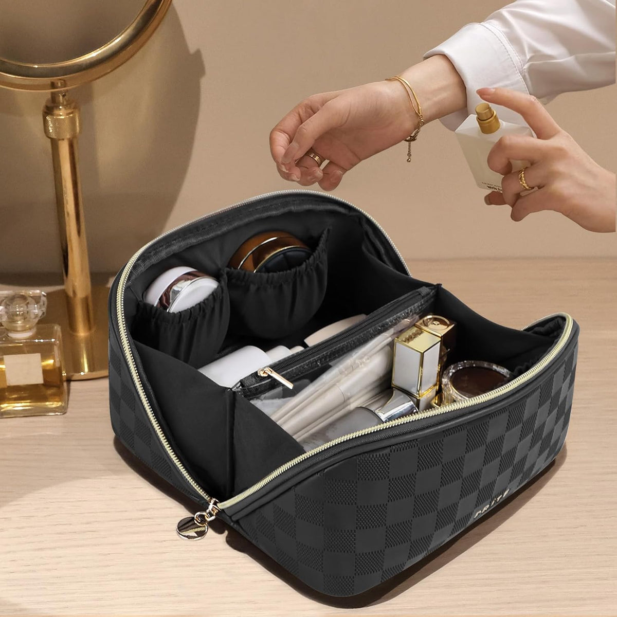 Makeup Bag Travel Toiletry Bag Open Flat Cosmetic Organizer for Women | Clear Divider, 2 Compartments, Waterproof, Vegan Leather, Elastic Slot, Handle, Lightweight, Large Capacity, Easy Clean